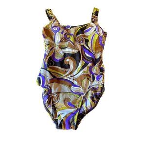Longitudes One Piece 1970's Psychedelic  Brown Purple Abstract Print Swimsuit Si